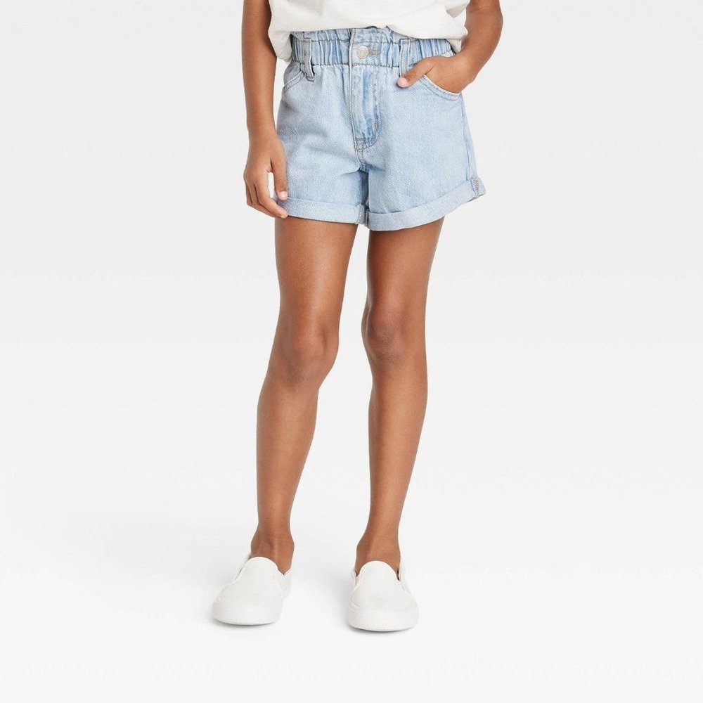 Girls' High-Rise Paper Bag Jean Shorts Cat & Jack Light Wash Blue Medium